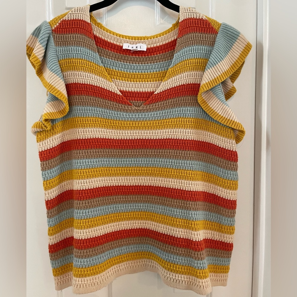 Striped Knit V-Neck Ruffle Sleeve Top - Multi